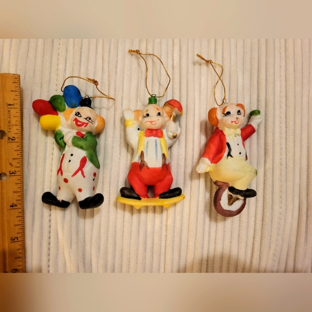 Vintage Clown Around the world ornaments. Set of 3.